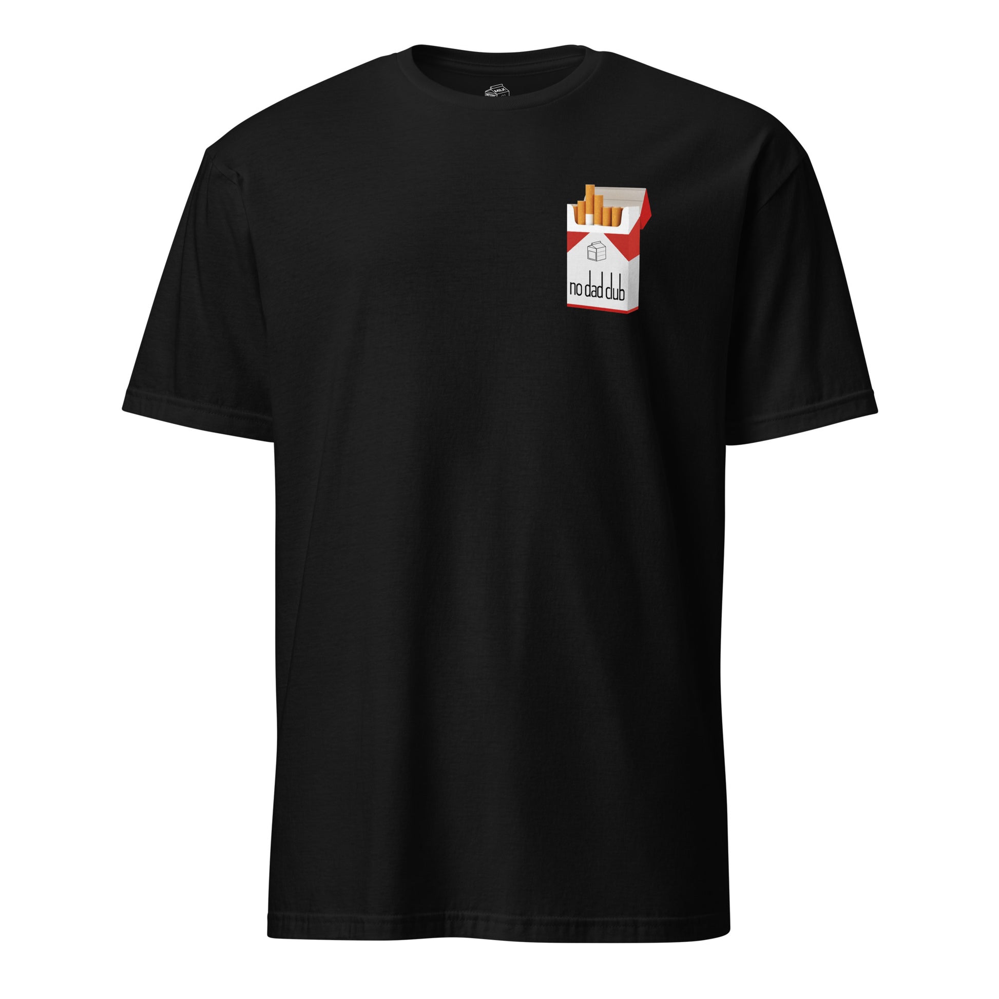 ndc Black shirt with a pack of cigarettes and a no father logo. Embodies a child who grew up without a father.