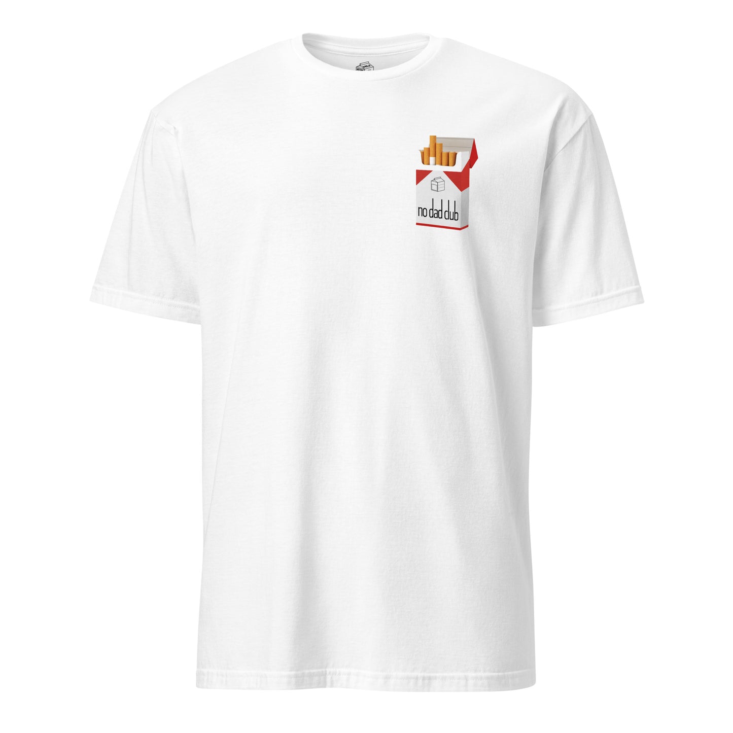 ndc White shirt with a pack of cigarettes and a no father logo. Represents a child who grew up without a dad.